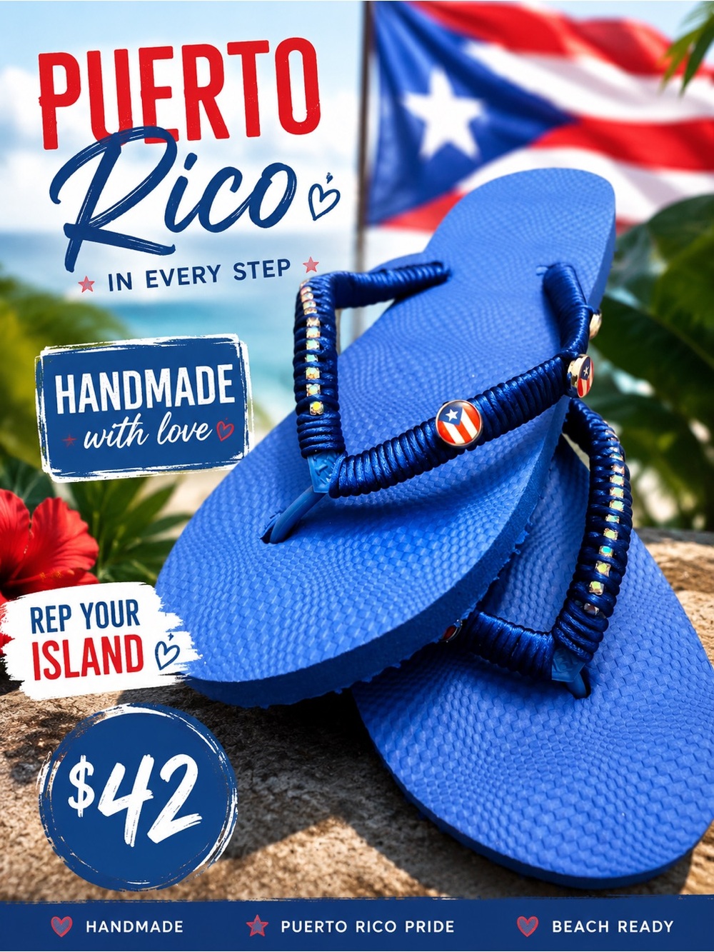 🩷. S-28. Puerto Rico Handmade Blue Beaded Flip Flops